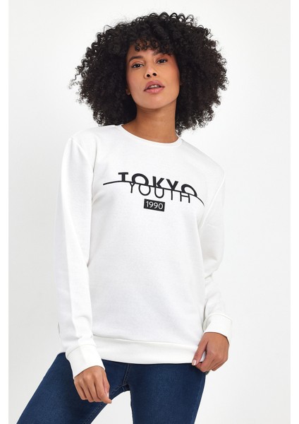 Kadın Bisiklet Yaka Rahat Kalıp 3 Iplik Kalın Tokyo Baskılı Sweatshirt SPR24SWK30 fırsatları