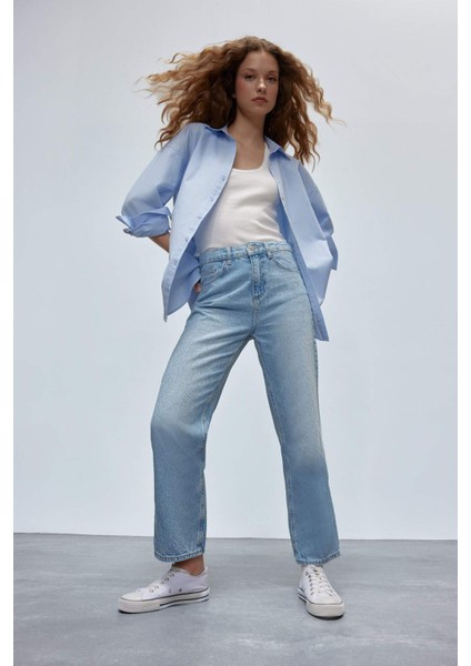 Straight Fit Yüksek Bel Bilek Boy Jean Yıkamalı Pantolon E3191AX25SP