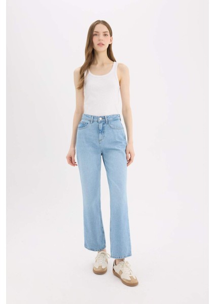 Straight Fit Yüksek Bel Bilek Boy Jean Yıkamalı Pantolon E3191AX25SP