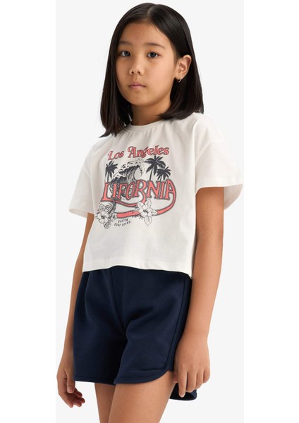 Kız Çocuk Pamuklu 2'li Takım Baskılı Kısa Kollu Tişört Beli Lastikli Şort E7318A825HS