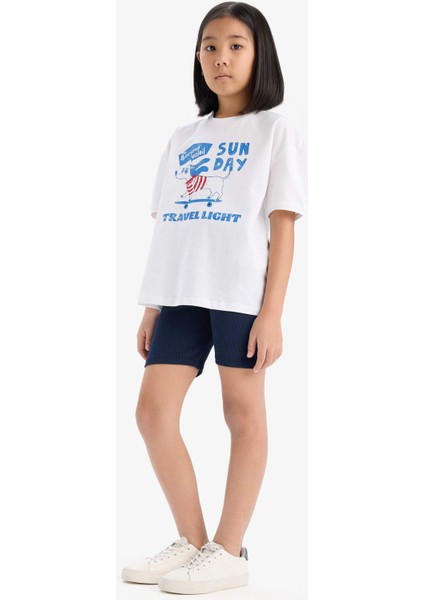 Kız Çocuk Pamuklu 2'li Takım Baskılı Kısa Kollu Tişört Biker Tayt