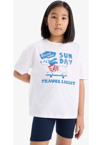 Kız Çocuk Pamuklu 2'li Takım Baskılı Kısa Kollu Tişört Biker Tayt