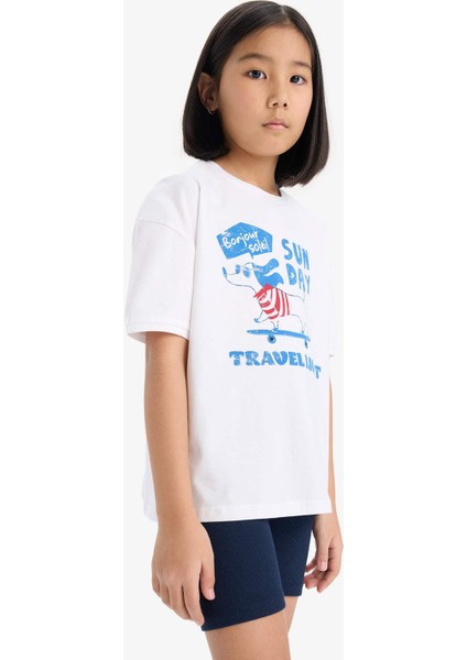 Kız Çocuk Pamuklu 2'li Takım Baskılı Kısa Kollu Tişört Biker Tayt