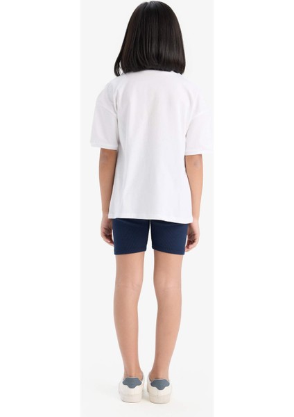 Kız Çocuk Pamuklu 2'li Takım Baskılı Kısa Kollu Tişört Biker Tayt