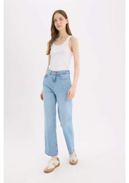 Straight Fit Yüksek Bel Bilek Boy Jean Yıkamalı Pantolon E3191AX25SP