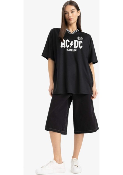 Coool AC/DC Oversize Geniş Kalıp V Yaka Sırt Baskılı Kısa Kollu Tişört E6137AX25SM