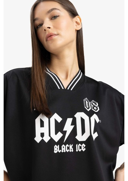 Coool AC/DC Oversize Geniş Kalıp V Yaka Sırt Baskılı Kısa Kollu Tişört E6137AX25SM