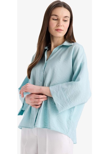 Regular Fit Apaş Yaka Baisc Düz Uzun Kollu Gömlek E5946AX25SP