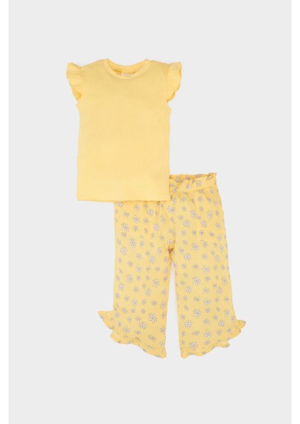 Kız Bebek 2'li Takım Kısa Kollu Tişört Çiçekli Krinkıl Viskon Pantolon E7798A525SM