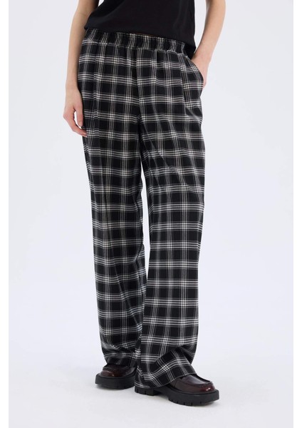 Wide Leg Kumaş Pijama Pantolon Geniş Bol Paça Kareli Normal Bel Lastikli Cepli D9548AX25SP