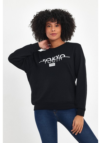 Kadın Bisiklet Yaka Rahat Kalıp 3 Iplik Kalın Tokyo Baskılı Sweatshirt SPR24SWK30