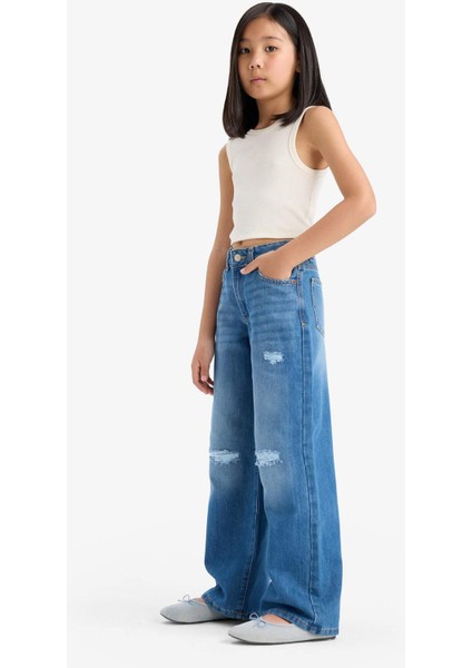 Kız Çocuk Wide Leg Yırtık Detaylı Geniş Paça Jean Pantolon E5882A825AU