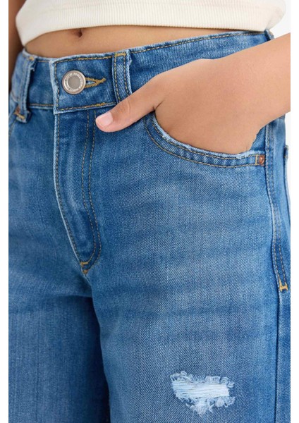 Kız Çocuk Wide Leg Yırtık Detaylı Geniş Paça Jean Pantolon E5882A825AU