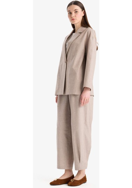 Relax Fit Ceket Yaka Çizgi Desenli Keten Blazer Ceket E4561AX25SP