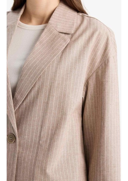 Relax Fit Ceket Yaka Çizgi Desenli Keten Blazer Ceket E4561AX25SP