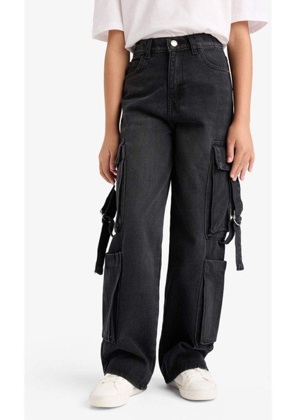 Kız Çocuk Wide Leg Kargo Geniş Paça Jean Pantolon E6185A825AU