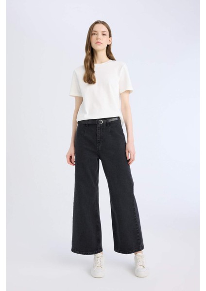 Culotte Yüksek Bel Rahat Kalıp Bilek Boy İspanyol Paça Kemerli Jean Yıkamalı Pantolon D5887AX25SP