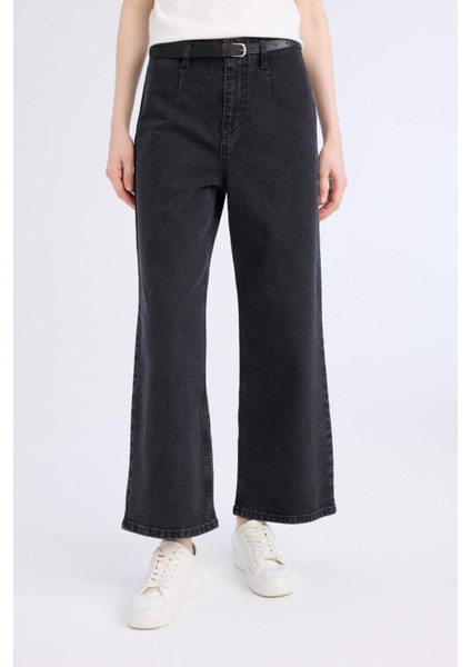 Culotte Yüksek Bel Rahat Kalıp Bilek Boy İspanyol Paça Kemerli Jean Yıkamalı Pantolon D5887AX25SP