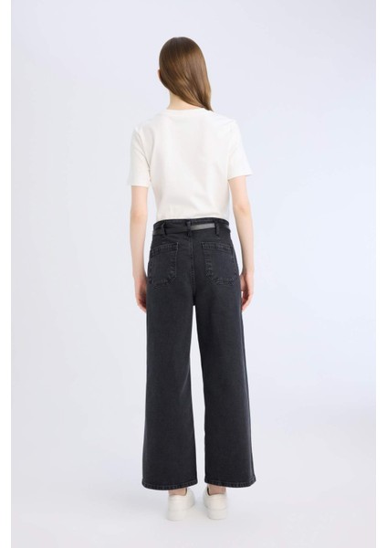 Culotte Yüksek Bel Rahat Kalıp Bilek Boy İspanyol Paça Kemerli Jean Yıkamalı Pantolon D5887AX25SP