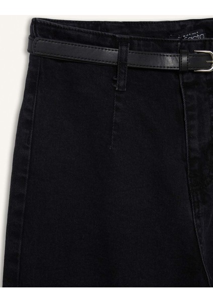 Culotte Yüksek Bel Rahat Kalıp Bilek Boy İspanyol Paça Kemerli Jean Yıkamalı Pantolon D5887AX25SP