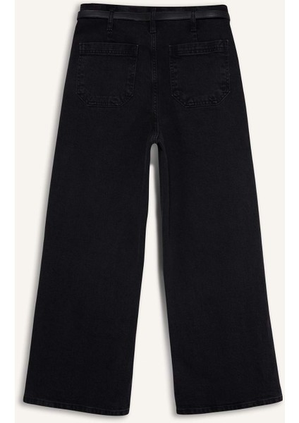 Culotte Yüksek Bel Rahat Kalıp Bilek Boy İspanyol Paça Kemerli Jean Yıkamalı Pantolon D5887AX25SP