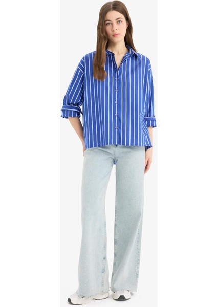 Oversize Geniş Kalıp Çizgili Poplin Uzun Kollu Gömlek E6615AX25SP