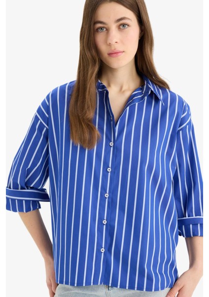 Oversize Geniş Kalıp Çizgili Poplin Uzun Kollu Gömlek E6615AX25SP