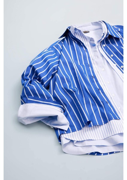 Oversize Geniş Kalıp Çizgili Poplin Uzun Kollu Gömlek E6615AX25SP