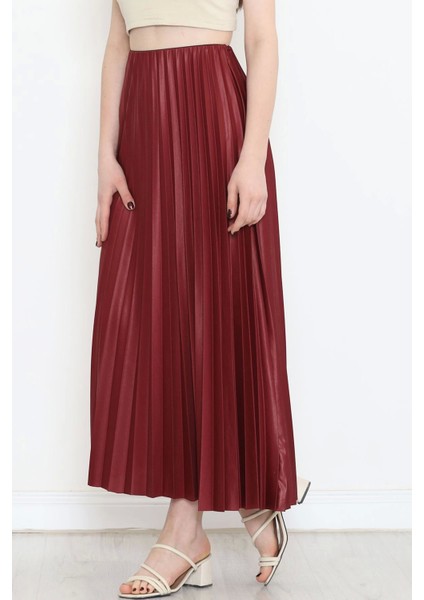 Zarif ve Modern Pileli Parlak Krep Gizli Lastikli Bordo Etek ( Lisinya )