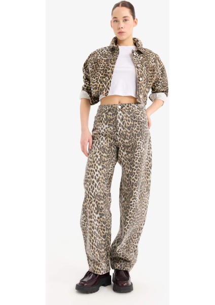 Oversize Geniş Kalıp Leopar Desenli Gabardin Uzun Kollu Gömlek Ceket D5942AX25SP