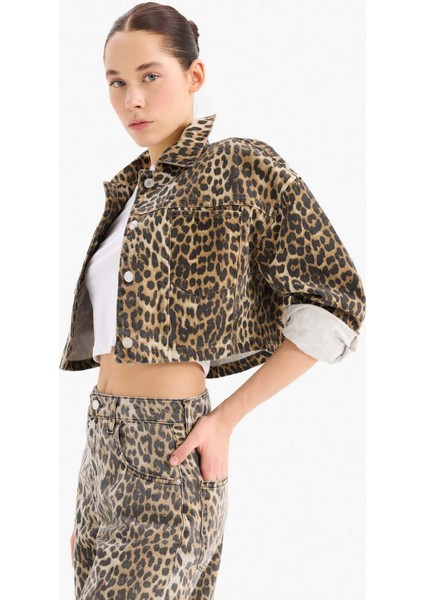 Oversize Geniş Kalıp Leopar Desenli Gabardin Uzun Kollu Gömlek Ceket D5942AX25SP
