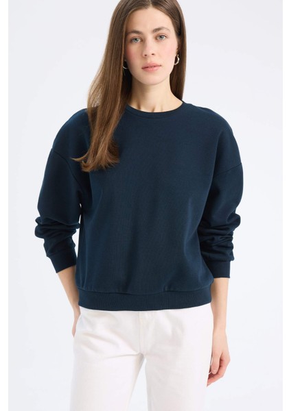 Regular Fit Bisiklet Yaka Kalın Basic Düz Sweatshirt