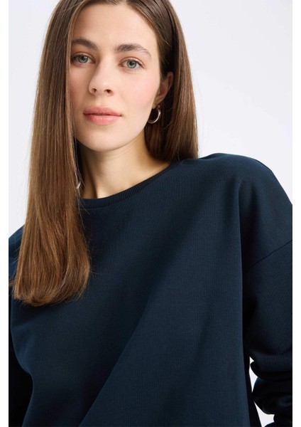 Regular Fit Bisiklet Yaka Kalın Basic Düz Sweatshirt