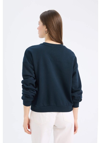 Regular Fit Bisiklet Yaka Kalın Basic Düz Sweatshirt