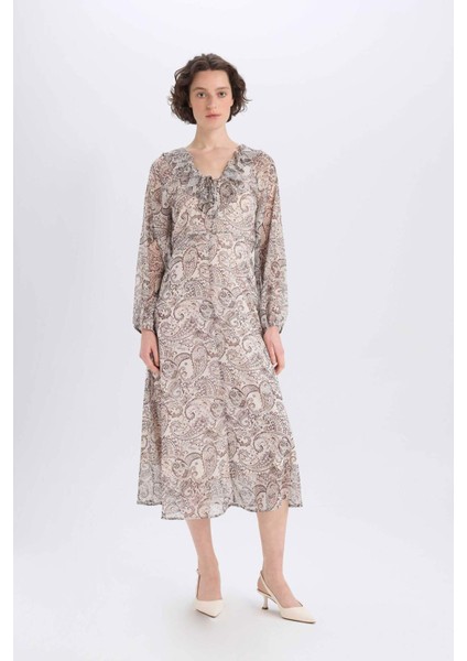 Fırfırlı Yaka Etnik Desenli Şifon Uzun Kollu Midi Elbise E7169AX25SP