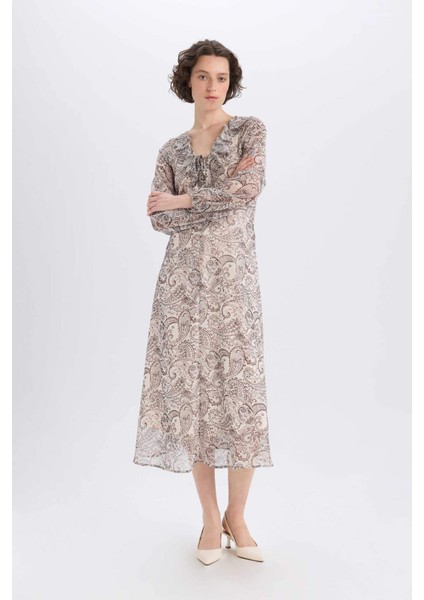 Fırfırlı Yaka Etnik Desenli Şifon Uzun Kollu Midi Elbise E7169AX25SP