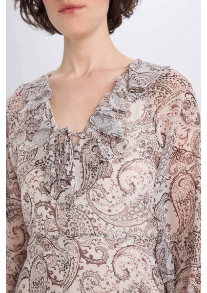 Fırfırlı Yaka Etnik Desenli Şifon Uzun Kollu Midi Elbise E7169AX25SP