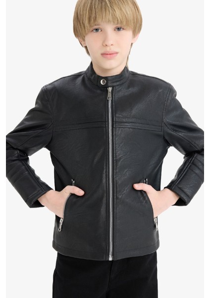 Erkek Çocuk Su Geçirmez Fermuarlı Suni Deri Ceket Mont