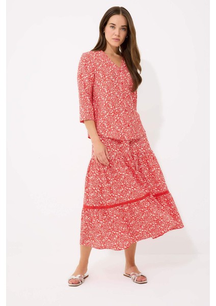 Regular Fit Çiçek Desenli Beli Lastikli Kiloş Midi Etek E5958AX25SP