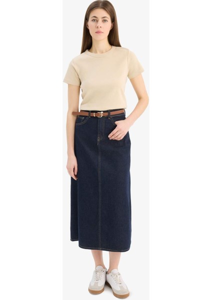 Long Fit Standart Boy Kemerli Yumuşak Jean Etek E5845AX25SP