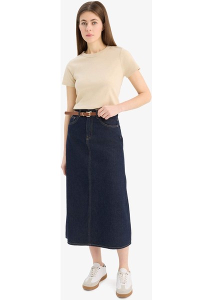 Long Fit Standart Boy Kemerli Yumuşak Jean Etek E5845AX25SP