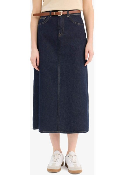 Long Fit Standart Boy Kemerli Yumuşak Jean Etek E5845AX25SP