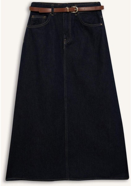 Long Fit Standart Boy Kemerli Yumuşak Jean Etek E5845AX25SP