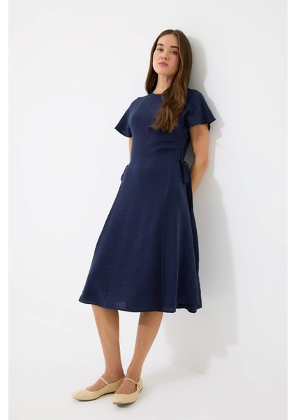 Bisiklet Yaka Yarasa Kollu Basic Düz Midi Elbise E6028AX25SP