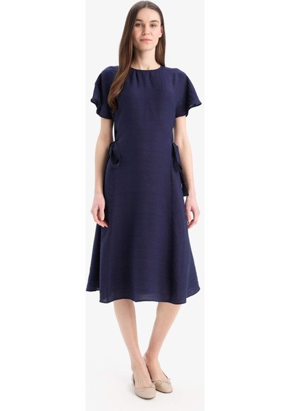 Bisiklet Yaka Yarasa Kollu Basic Düz Midi Elbise E6028AX25SP