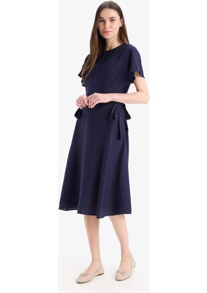 Bisiklet Yaka Yarasa Kollu Basic Düz Midi Elbise E6028AX25SP