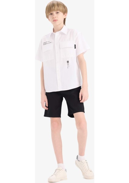 Erkek Çocuk Oversize Geniş Kalıp Polo Yaka Baskılı Poplin Kısa Kollu Gömlek E5034A825SM