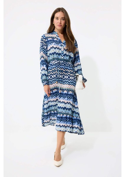 Regular Fit Desenli Bisiklet Yaka Uzun Kollu Midi Elbise D5447AX25SP