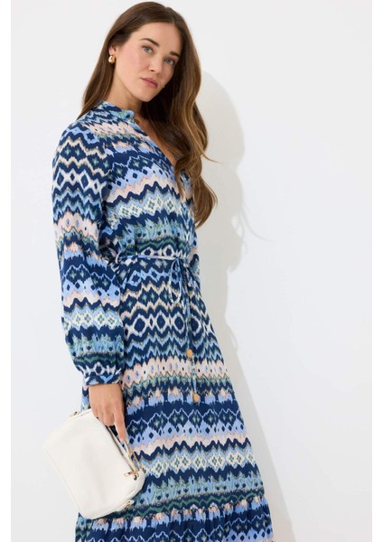 Regular Fit Desenli Bisiklet Yaka Uzun Kollu Midi Elbise D5447AX25SP