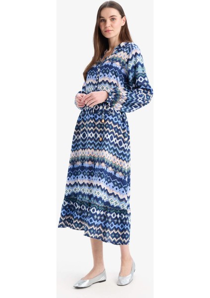 Regular Fit Desenli Bisiklet Yaka Uzun Kollu Midi Elbise D5447AX25SP